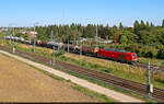 Auch wenn es so aussieht: Das ist kein reiner Kesselzug, sondern eine gemischte �bergabe mit Kesselwagen und einem leeren Containertragwagen sowie 2249 009-2 'Irmgard' (Siemens Vectron Dual Mode Light) als Zuglok.
Fotografiert auf seiner Zielgeraden ...
