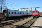 Treffen von DSB und DB mit DSB IC3  Kirsten Piil  5255/5055 und DB 185 322-5 in Fredericia am 20.4.2008.