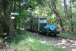 In der Festungsanlage in Hanstholm in Dänemark fährt für die Besucher eine Feldbahn mit einer Diesellok. In dieser von den Deutschen bis 1943 errichteten Anlage gab es 3 große 38cm Geschütze. Die Treibladungen und die Granaten 800 kg schwer kamen aus einem Magazinbunker und wurden mit der Feldbahn zu den Geschützen transportiert. Die Geschützbatterie sollte zusammen mit einer baugleichen auf schwedischer Seite gewährleisten, dass kein Gegner durch den Skagerrak in die Ostsee gelangen konnte.
Hier ist auf dem letzten Wagen eine solche Granate zu sehen. Aufgennommen am 09.07.2020.