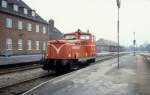 LJ, Lollandsbanen, Diesellok M 12 (Arnold Jung Lokomotivfabrik 1957; Motor: MAN 6-Zylinder-Dieselmotor) Bahnhof Nakskov am 16.