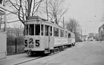 København / Kopenhagen Københavns Sporveje SL 5 (Tw 610 + Bw 15xx) København S, Sundbyøster, Sundby Remise (: Straßenbahnbetriebsbahnhof Sundby) im Dezember 1968.