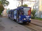 Tallinn 13.06.2011  Dieser Tatra Wagen 144 befhrt die Linie 4 und ist hier am Endpunkt gegenber  dem Polizeiprsidium angekommmen.