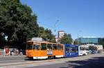 Estland / Straßenbahn Tallinn: KT6T (KTNF6) - Wagen 148 (ehemals KT4D Erfurt) unterwegs als Linie 4. Aufgenommen im Juli 2013 am Platz  Viru väljak  in der Stadtmitte von Tallinn. 