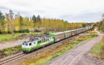 Gut getarnt fährt die Sr1 3090 mit einem VR Transpoint Schiebewandwagenzug in Tahvola durch die herstlich verfärbte Taigalandschaft.Bild 9.10.2017