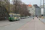 Fahrzeug 93 der HKL/HST vom Typ Valmet MLNRV 2 unterwegs am 9.5.2022 auf der Linie 2 (Olympiaterminaali – Länsi-Pasila). Hier zu sehen in der Laivasillankatu auf dem Weg zur Haltestelle Olympiaterminaali.