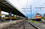 Ein Bild mit Seltenheitswert: im Bahnhof Latour-de-Carol kommen drei verschiedene Spurbreiten zusammen: links die Schmalspur 1000mm mit dem Train Jaune, in der Mitte die Normalspur 1435mm mit dem wartenden Nachtzug nach Paris und rechts die Iberische Breitspur 1668mm mit dem Zug von/nach Barcelona. Der Standort des Fotografen ist auf dem Gleisübergang für die Passagiere zu den hinteren Bahnhofgleisen (rechts). Latour-de-Carol, 24.5.2023