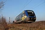 Am 08.03.2014 war SNCF X73917 als IRE aus Freiburg (Brsg) Hbf nach Mulhouse-Ville unterwegs, als dieser kurz vor dem ersten Zwischenhstop in Müllheim (Baden) ist.