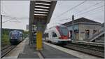 Mit dem Fahrplanwechsel 2024/25 hat ein neues Konzept im Jura Einzug gehalten. Unter anderem verkehren die RER Jura halbst�ndlich bis Delle statt st�ndlich nach Meroux. Somit muss in Delle umgestiegen werden. 
Da der Bahnhof Delle f�r den Verkehr der SBB RABe 522 bis Meroux eingerichtet wurde, passt die neuen Fahrplanstruktur nicht ganz so perfekt in den Bahnhof von Delle. Zwar kann jeweils am gleichen Bahnsteig umgestiegne werden, daf�r wird das Gleis 1 kaum mehr genutzt und die Reisenden m�ssen die Delle als Ziel oder Abgangsstation haben m�ssen nur relativ umst�ndlich �ber einen �berf�hrung zu den Z�gen gelangen. Das Bild zeigt den angekommen SBB RABe 522 210 auf Gleis 2, der hier zur R�ckfahrt nach Porrentruy wendet und den SNCF X 73755 als TER 897006 nach Belfort auf Gleis 3.

20. Mai 2026