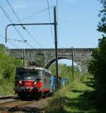 Die gemietete BB 25 547 fhrt den SBB Regionalzug 96736 Genve - La Plaine - Bellegarde (Ain), hier am 5. September 2008 zwischen Satigny und Russin zu sehen. 