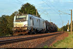 Kesselzug mit BB 37001 (91 87 0037 001-1 F-AKIEM | Alstom Prima EL3U/4) der Akiem S.A.S., aktueller Mieter unbekannt, fährt in Zscherben auf der Bahnstrecke Halle–Hann.