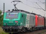 437006 der FRET , Teil einer interessanten Doppeltraktion vor einem Kohlezug , aufgenommen am 13.08.09 in Porz Wahn