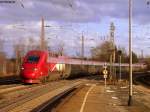 Der Thalys 9448 befahren mit TGV 4306 aus Kln kommend, durchfhrt hier am 21.02.2010 den Bahnhof Eschweiler auf seinem Weg nach Paris.