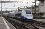 Am 04.08.2016 verlässt ein TGV Duplex den Bahnhof Lausanne als TGV 9778 in Richtung Paris.