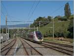 Der TGV Lyria 4727 auf dem Weg nach Paris Gare de Lyon fährt in La Plaine beim  Ausfahrtsignal vorbei und wird in Kürze die Grenze zu Frankreich passieren.