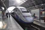 Beim Besuch in Frankfurt am 11.09.2014 steht zur Abfahrt bereit der TGV 4728 nach Paris,leider (oder auch nicht)verspätet.