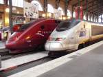 Paris - Gare du Nord am 09.10.2006: SNCF Thalys 4341 und Eurostar 3204 machen sich gut nebeneinander. Wen wundert´s: Die Basis des Eurostar ist zu groen Teilen vom franzsischen TGV abgeleitet. 