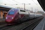 Thalys 4386 auf Bereitstellungsfahrt nach Köln Hbf, rollt am Abend des 13.03.2014 gerade in den Bahnhof Köln-Deutz ein.