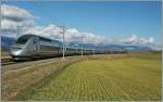 Der TGV Triebzug 4408 auf seiner Fahrt von Lausanne nach Paris Gare de Lyon in der 180° Kurve bei Arnex.