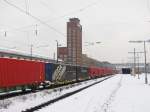 Abgestellte Containerwagen am 20.12.2011 in Rsselsheim Opelwerke.