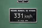 Weltrekordschild von der BB 9004 am 20.08.2014 im Cité du Train in Mulhouse.