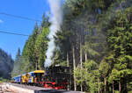 Die Chemin de fer touristique Vallorbe - Pontarlier (allgemein als  Coni'fer  bekannt) betreibt heute eine Strecke von 7,5 km Länge im Jura von Les Hôpitaux-Neufs ostwärts. Die bereits 1875 eröffnete Strecke bildete einst die Hauptlinie von Lausanne via Vallorbe Richtung Paris, nach dem Bau des Mont d'Or Tunnels Vallorbe-Frasne 1915 wurde sie zur Lokalbahn. 1940 wurde der Tunnel auf der Westseite gesprengt, und das Reststück Les Hôpitaux-Neufs - Pontarlier 1969 stillgelegt. Der wunderschön wiederhergestellte Abschnitt bis zu einer Waldlichtung in Fontaine-Ronde ist ein kleines Juwel, und ganz langsam nimmt die Fortsetzung des Wiederaufbaus Richtung Pontarlier Gestalt an. Im Bild ein Zug ganz mit schweizerischem Rollmaterial in der heutigen Endstation Fontaine-Ronde, 11.August 2018  