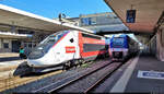 Neben Z 27887 rollt 4716 (TGV 310031 | Alstom TGV POS) in den Bahnhof Mulhouse Ville (F) auf Gleis 7 hinein.