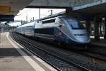 Einfahrt am 20.08.2014 von TGV Euroduplex 4714 als TGV (Zürich HB - Paris Est.) in den Bahnhof von Mulhouse Ville.