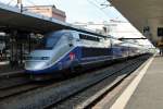 Nachschuss auf TGV Euroduplex 4714, als dieser am 20.08.2014 auf dem Weg von Zürich HB nach Paris Est. war und aus dem Bahnhof von Mulhouse Ville fuhr.