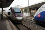 Nachschuss am 20.08.2014 auf TGV Lyria 4412 als TGV (Zürich HB - Paris Est.) bei der Ausfahrt in Mulhouse Ville.