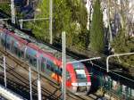 Frankreich, Languedoc, Montpellier Corum, der SNCF Zweistromtriebzug Z 27850 auf der Strecke Nîmes-Montpellier kurz vor seiner Ankunft im Bahnhof Montpellier Saint-Roch. Von der Terrasse auf dem Dach des Corum aus fotografiert. 01.03.2014