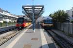 Chemins de fer de Provence: Im Bahnhof Nice CP stehen am 11. Februar 2015 die beiden Triebzüge AMP 804 und X 351.