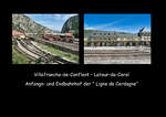 Die Collage zeigt den Anfangs- und Endpunkt der rund 63 km langen  Ligne-de-Cerdagne  mit dem mit knapp 1.600 m höchsten Punkt im Streckennetz der SNCf: Übergangsbahnhof und gleichzeitig