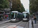 In Grenoble auf der Avenue Alsace-Lorraine sind hier zwei der neueren Citadis-Bahnen unterwegs: Tram 6001 auf Linie B nach Cit und Tram 6015 auf Linie B nach Plaine-Eres.