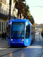 Frankreich, Languedoc, Montpellier, rue de Maguelone, ein Citadis 401 der Linie 1 (Odysseum-Mosson)fährt vom SNCF Bahnhof Saint-Roch in Richtung Place le la Comédie.