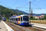France, Thann, SNCF
1 service of 3 on line 3 of trams from Mulhouse is runned by SNCF and runs to Thann, along the  Vallée de la Thur , by a tram/train.
Tramways TT18 and TT21 at Thann station, 8/8/2022