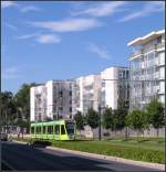 Vorbei an neuen Wohnbauten -     Citadis-Tram 108 verlässt auf ihrer Fahrt in Richtung Innenstadt die Haltestelle  Courlancy .