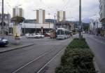 Saint-Étienne STAS SL 4 (GEC Alstohm/Atéliers Mécaniques de Vevey-Niederflur-Gelenktriebwagen) Place Bellevue im Juli 1992.