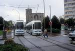 Saint-Étienne STAS SL 4 (GEC Alstohm/Atéliers Mécaniques de Vevey-Niederflur-Gelenktriebwagen) Place Louis Courrier im Juli 1992.