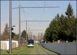 Elegante Masten -     Im Quartier Neuhof in Straßburg verläuft die Trasse der Linie C in diesem Abschnitt nicht auf der Straße sondern hinter der Bebauung entlang eines Friedhofes.