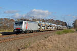 Mit einem langem BLG-Autozug rollte 189 843 der akiem für ihren Mieter NeS am 02.03.25 durch Jütrichau Richtung Magdeburg.