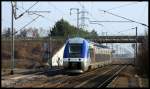 Triebwagen 82784 am 11.3.2016 um 09.01 Uhr aus Mühlhausen kommend in Ribeauville auf der Fahrt nach Straßbourg. 