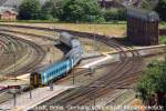 Blick vom Castle in Shrewsbury, Gleisfeld, Stellverk, und  ARRIVA  DMU nach Birmingham  Juni 2008