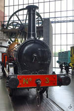 Die Dampflokomotive No. 3  Coppernob  der Furness Railway wurde 1846 gebaut und 1900 ausgemustert. (National Railway Museum York, Mai 2019)