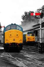 Bei den Museumsfahrten in Bodmin steht eine Diesellok der Baureihe 37 bereit, whrend eine Lok der Baureihe 50 gerade in den Bahnhof von Bodmin einfhrt (14.07.2012