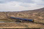 Scotrail 156 493 und ein Schwesterfahrzeug sind am 23. April 2019 kurz nach der Station Corrour im Rannoch Moor unterwegs von Glasgow Queen Street nach Mallaig.