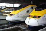 Drei Eurostar-Triebköpfe in einem Bild: British Rail 373230 Eurostar 3230, British Rail 373213 Eurostar 3213 und British Rail 373014 Eurostar 3014 (TGV TMST), London St Pancras, 30.10.2011.