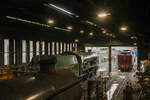 Blick in den Schuppen des Grosmont MPD: 45428  Eric Treacy , 925  Repton  und 2253  Omaha  am 04.07.2026