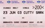 LONDON, 23.06.2003, ein Ticket der Docklands Light Railway für eine einfache Fahrt, gelöst an der Station Cutty Sark -- Fahrkarte eingescannt