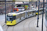 Manchester Metrolink Tram 3021 Bombardier M5000 am Manchester Piccadilly Station. Aufnahme: 11. März 2018.