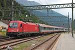 Einfahrt am Nachmittag des 05.07.2018 von 1216 021 (E 190 021) mit dem EC 84 (Rimini - München Hbf) in den Grenzbahnhof Brennero.